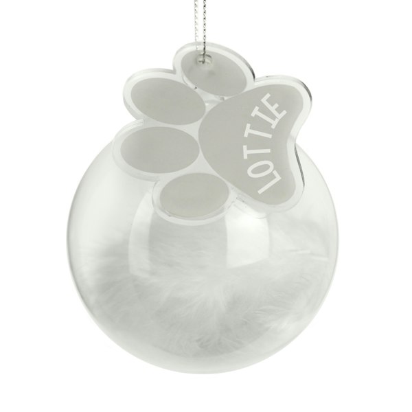 Personalised Memento Company Personalised Pets White Feather Glass Bauble With Paw Print Tag