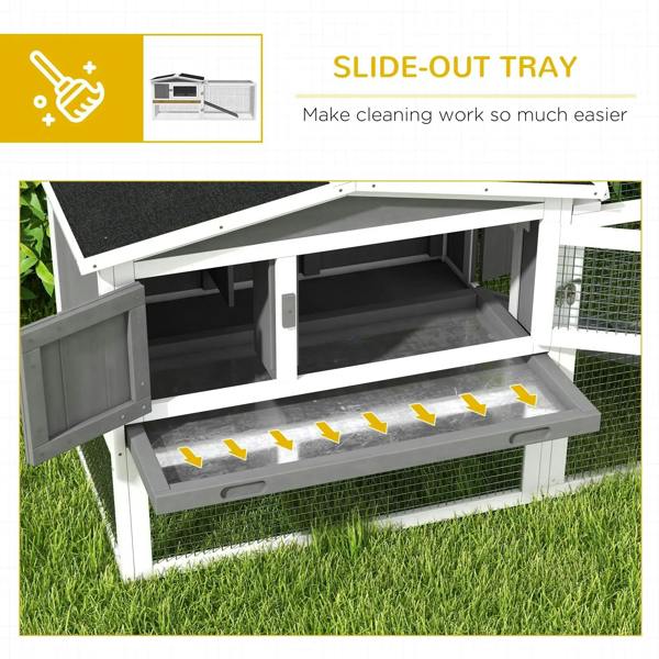 Grey sliding-out tray rabbit hutch with wire mesh housing and ramp inside