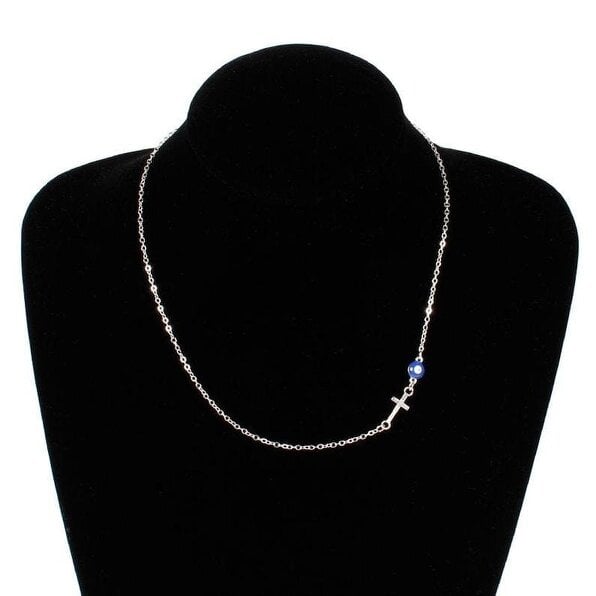 The Colourful Aura Blue Evil Eye Sideways Cross Christian Charm Minimalist Choker Dainty Necklace