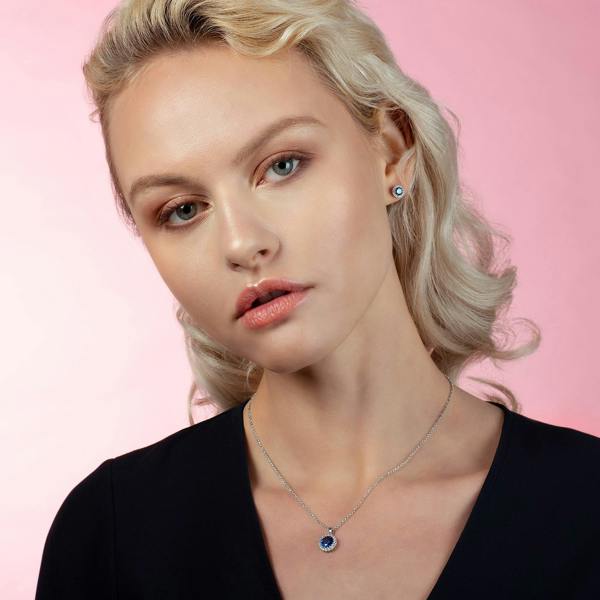 Halo Stud Earrings with Blue Cubic Zirconia Stones - namana.london