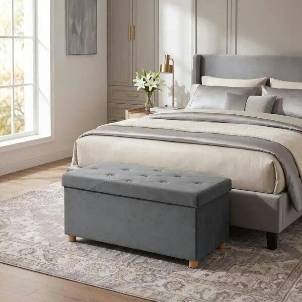 Velvet Upholstered Foldable Ottoman Footrest, Storage Ottoman Bench with Wood Legs for Living Room, Grey - Grey