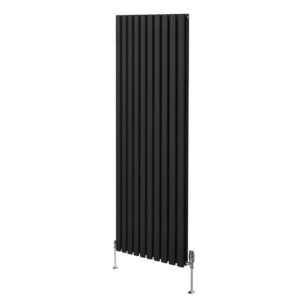 Sleek black oval column radiator measuring 1800mm x 600mm, featuring vertical fins and stylish valves for modern heating solutions