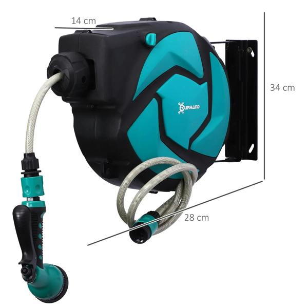 Wall-mounted retractable hose reel with blue nozzle and extended gray hose