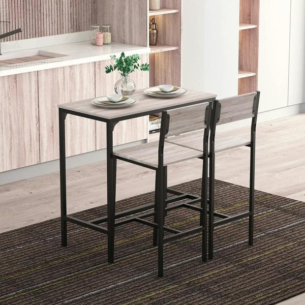 Compact bar table with two stools, light wood surfaces and dark metal chair frames