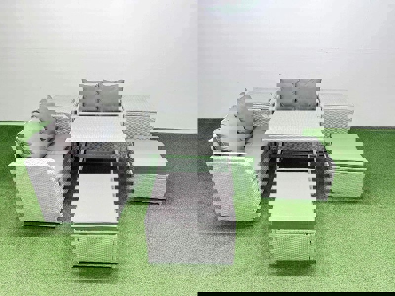Fimous 6 Seater Outdoor Love Sofa Set Rattan Garden Furniture Set with Rectangular Dining Table 2 Side Tables 2 Big Footstool Light Grey