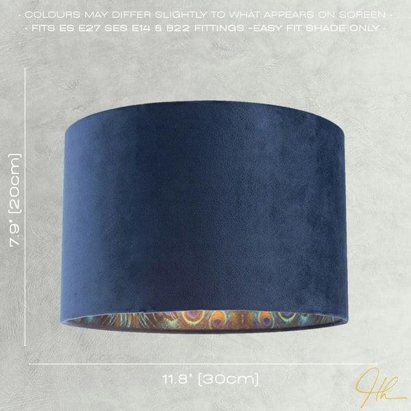 Midnight Blue Velvet Lamp Shade with Colourful Peacock Feather Inner Image 6