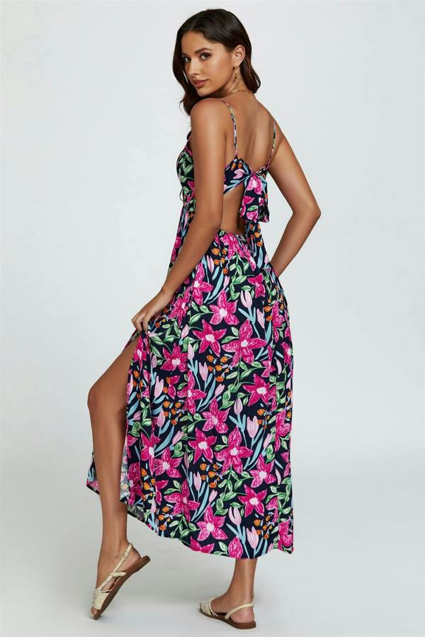 FS Collection Floral Print Tie Front Maxi Dress In Black