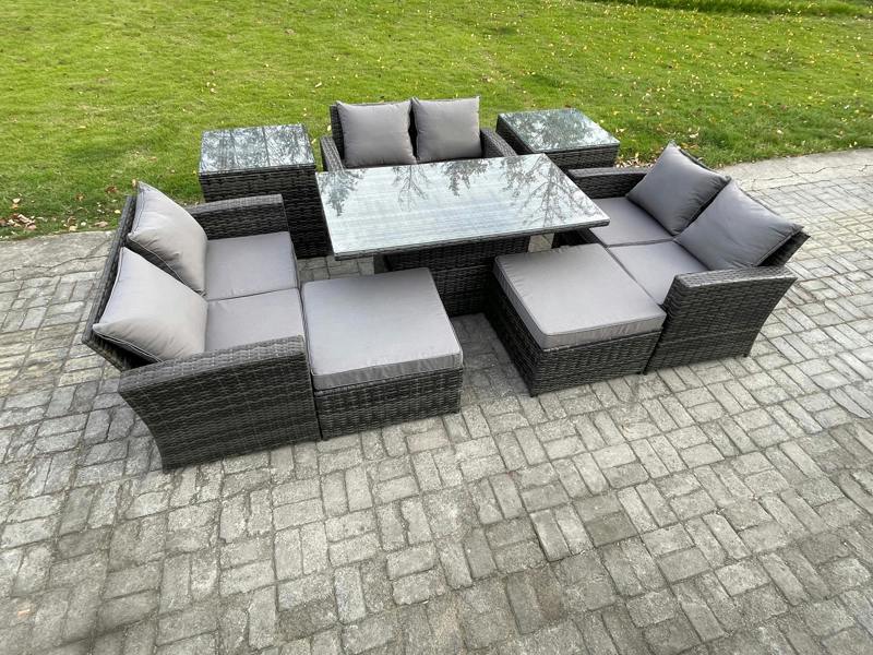 Fimous Wicker PE Rattan Garden Set, Adj Height Table Sofa Dining, Double Seat Sofa, 2 Big Footstools and 2 Side Tables, Dark Grey Mixed
