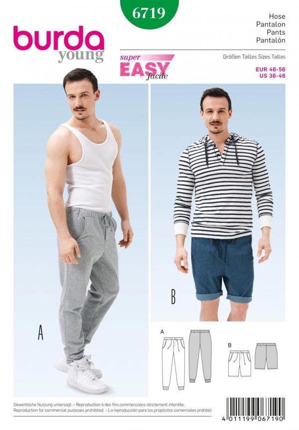 Burda Sewing Pattern 6719 Trousers, Shorts, Tracksuits and Sportswear For Men, 36 to 46 - Easy