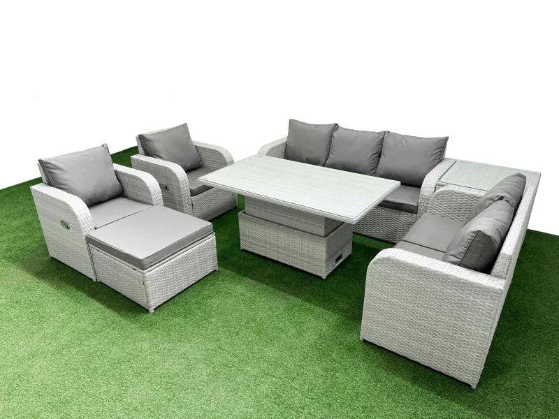 Fimous PE Rattan Lounge Set, Adj Height Table, Reclining Sofa, Double Love Seat, 2 Seater Lounge, Big Footstool and Side Table, Light Grey