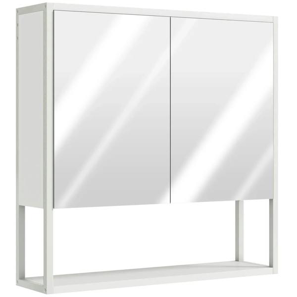 White bathroom mirror cabinet with two mirrored doors and open shelf section