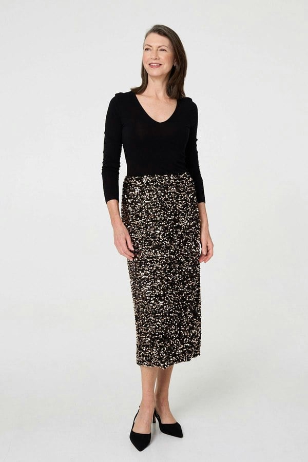 Black | Sequin Embellished High Waist Midi Skirt
