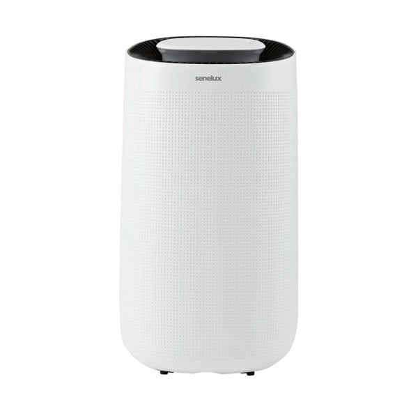 An image of an all-white Senelux 12 litre per day dehumidifier with portable wheels on the bottom.