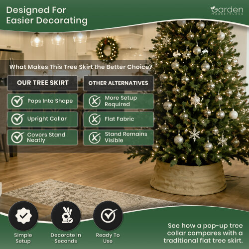 Pop Up Hessian Christmas Tree Skirt in Natural Colour Hessian, Sprung Steel Pop-Up Design, Fits 1.5–2.1m Trees, 56cm x 25cm