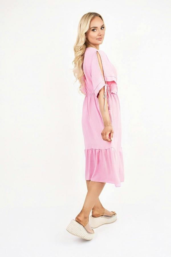 Fianna Round Neck Short Sleeve Midi Dress With Tie Sleeve Detail - Pink