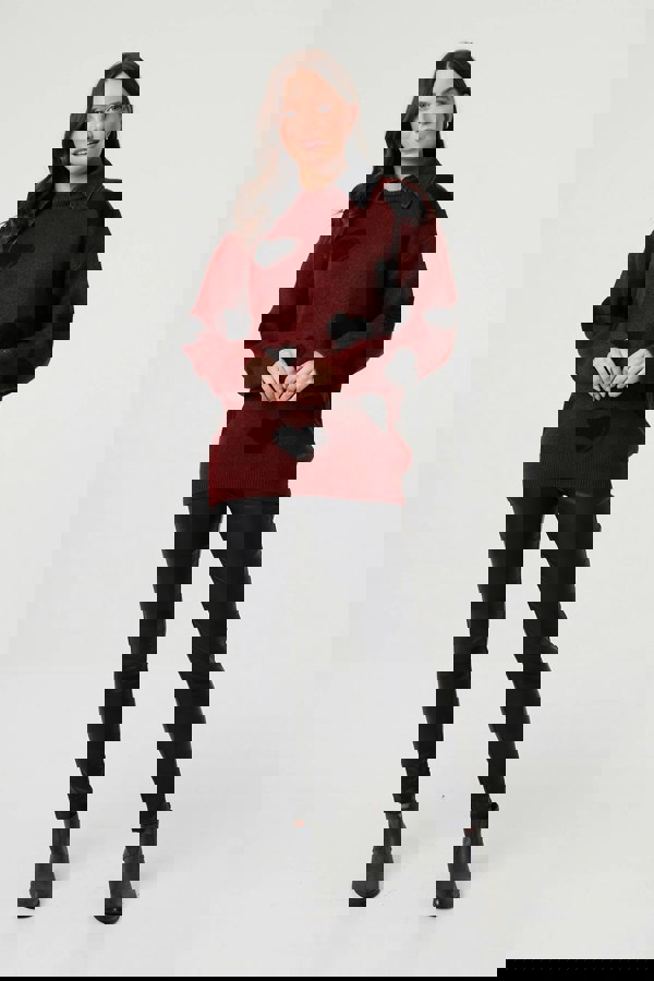 Burgundy | Heart Print Denim Trim Collar Jumper
