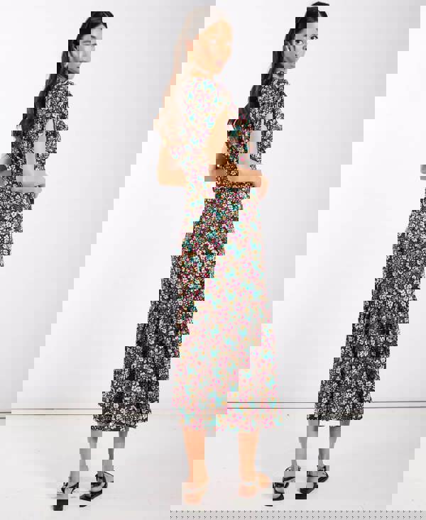 Multicoloured Floral Gathered Sleeve Midi Dress Side