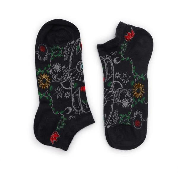 Black low-cut bamboo socks with multicolor floral and pattern print, no-show length