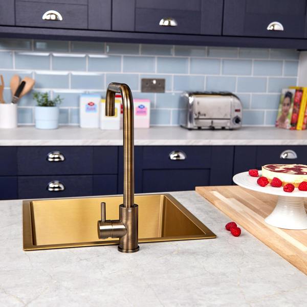 Flode Dellen | Single Lever Kitchen Sink Mixer Tap with Swivel Spout | Square Neck Design | Antique Brass Finish
