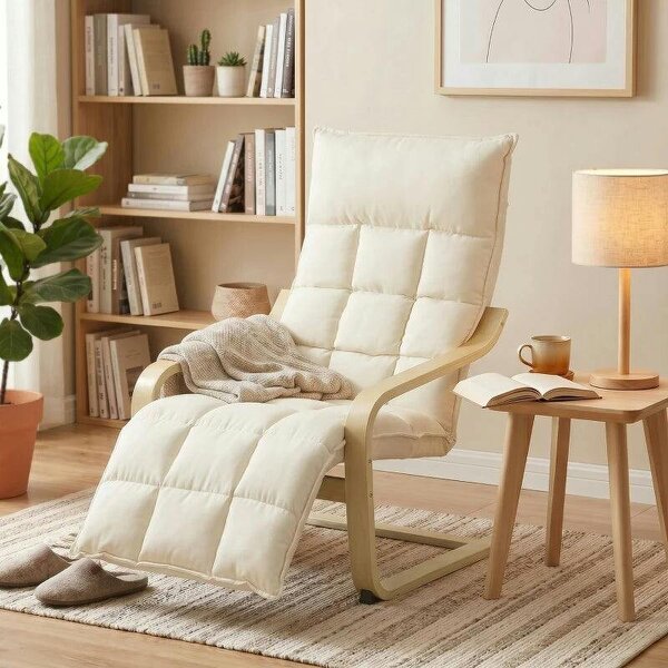 Modern Accent Chair, Leisure Lounge Chair Armchair with Footrest, Plush Cushion, Curved Legs and Arms, Cream White