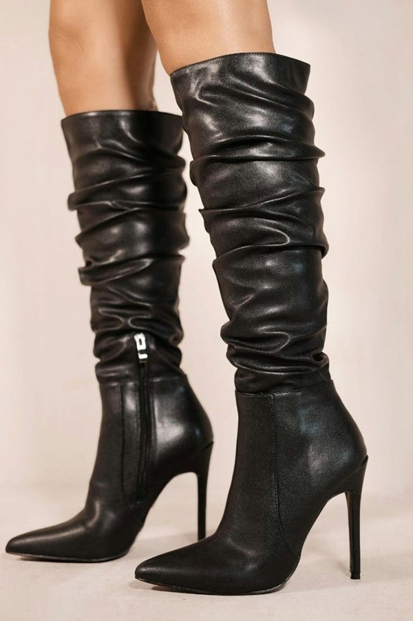 Where's That From Londyn Stiletto Ruched Knee High Boots With Pointed Toe in Black Faux Leather