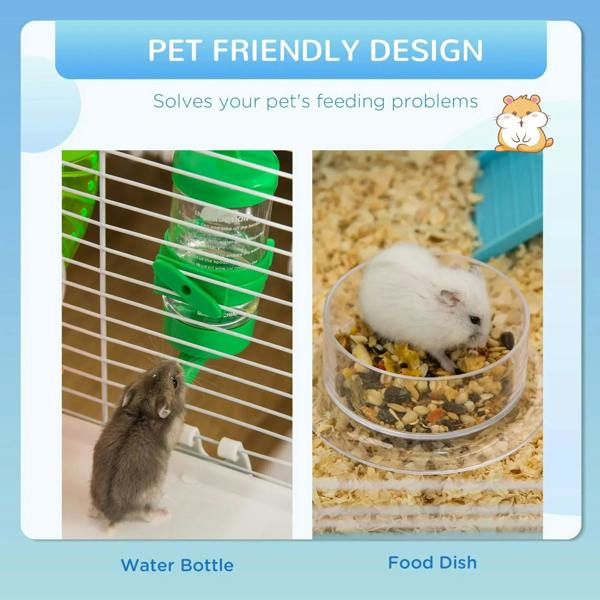 Hamster cage accessories set with water bottle and food dish inside a blue-tub enclosure