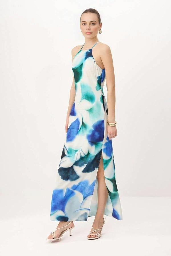 WOVCOR Halter Neck Sleeveless Maxi Dress with Tie-Dye Print