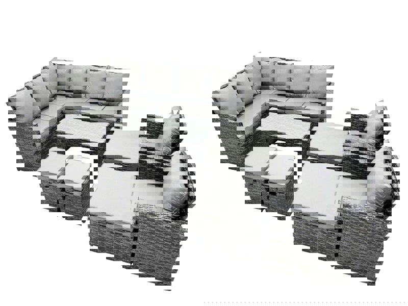 Fimous 12 Seat Poly Rattan Outdoor Patio Oblong Coffee Table Corner Sofa Set with 4 Stools Chair for Garden Backyard Dark Grey Mixed