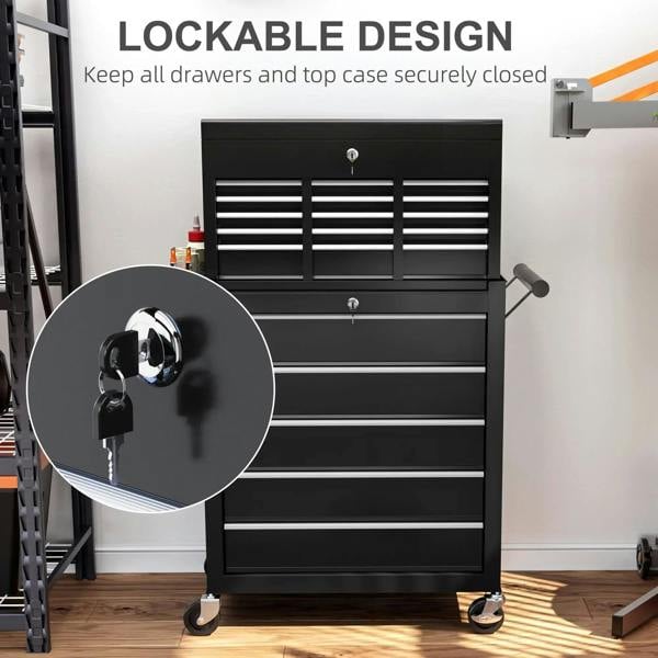 Black lockable tool chest with 14 drawers and top case on rolling casters