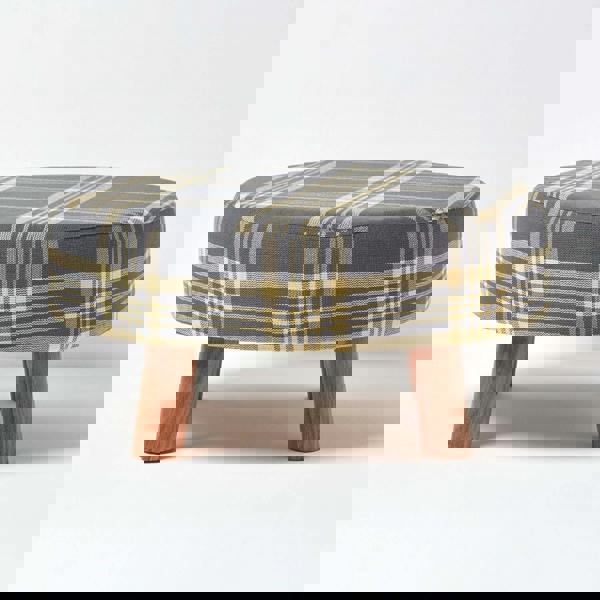 HOMESCAPES Grey and Yellow Tartan Fabric Flat Circular Stool with Wooden Legs