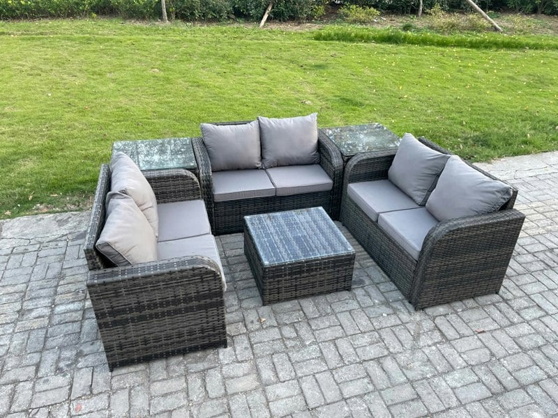 Fimous Outdoor Garden Furniture Sets 6 Seater Wicker Rattan Furniture Sofa Sets with Square Coffee Table Love seat Sofa 2 Side Tables