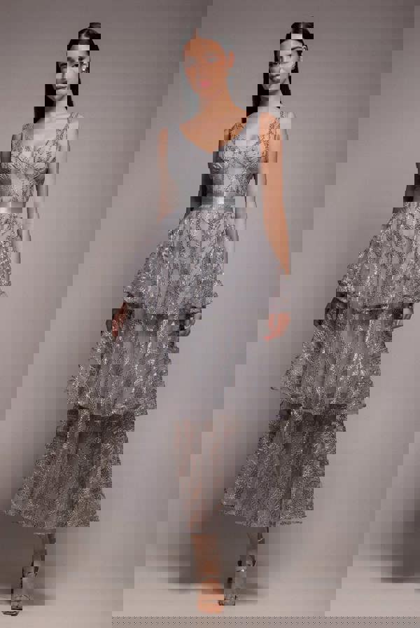 Embroidered Mesh Tiered Midi Dress - Grey DR3812