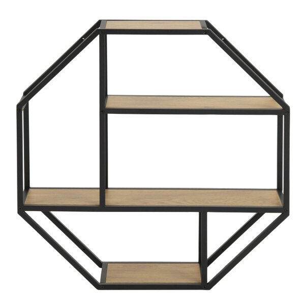 Wyld Haus El Paso Black Metal and Wild Oak Veneer Octagonal Wall Shelf 4 Black Wooden Shelves