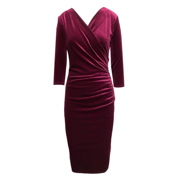 Frock Tales Jen Midi Dress With Mock Wrap - Wine Velvet