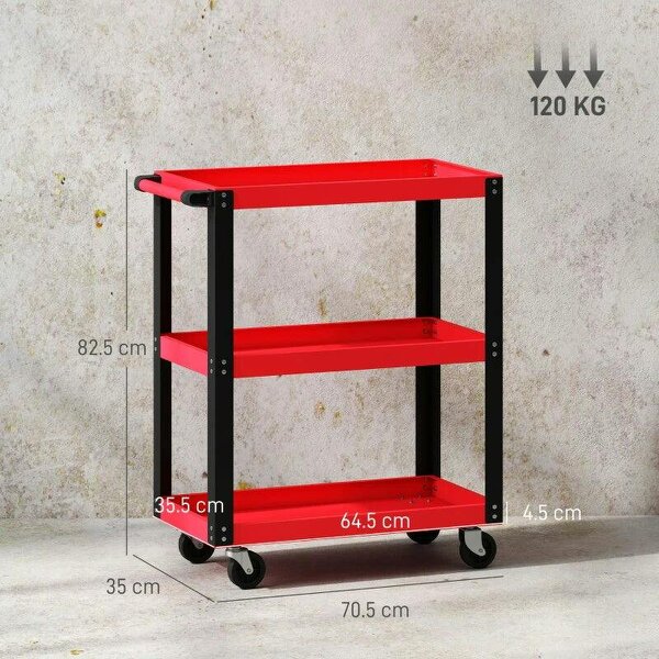 Bobobiy Tool Utility Cart Heavy Duty Tool Trolley Rolling with Brake Swivel Castors 3 Shelves Black Red