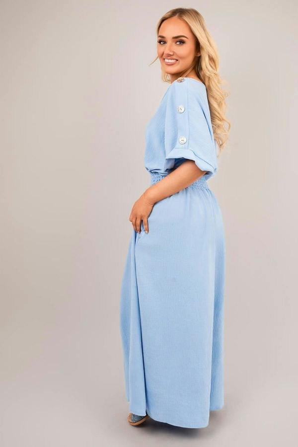 Zamara V Neck Short Sleeve Maxi Dress With Button Detail - Sky Blue
