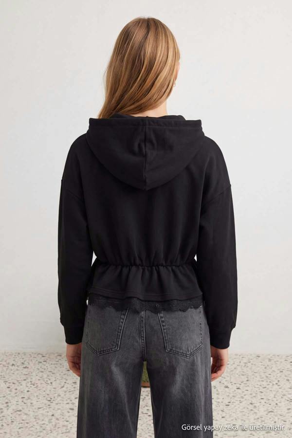 Peplum Lace Detail Hooded Long Sleeve Knit Sweatshirt