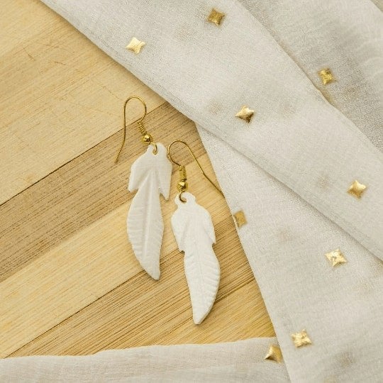 The Colourful Aura Long Tree Leaf Shell Lightweight Minimalist Beach Dainty White Drop Hook Earring