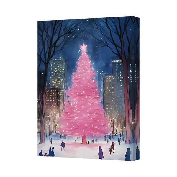 Benjamin Tate Design Pink Christmas Tree Canvas Art Print In Winter City Park Scene
