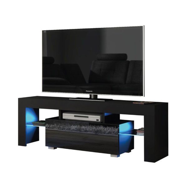 Mex Furniture 130cm TV Unit Cabinet Stand with Black High Gloss Doors and Free LED Lights