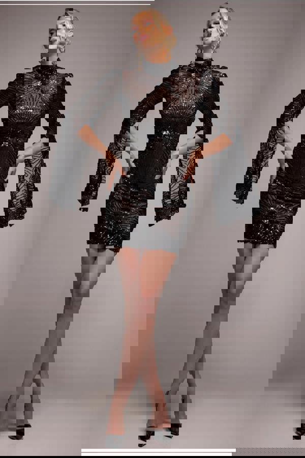 Sequin Starburst Cape Sleeve Mini Dress - Black DR4748