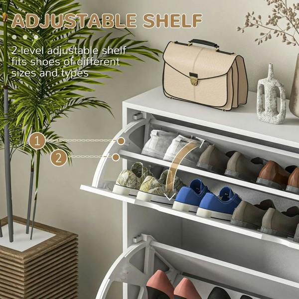White shoe cabinet interior with adjustable two-level shelves for different shoe sizes