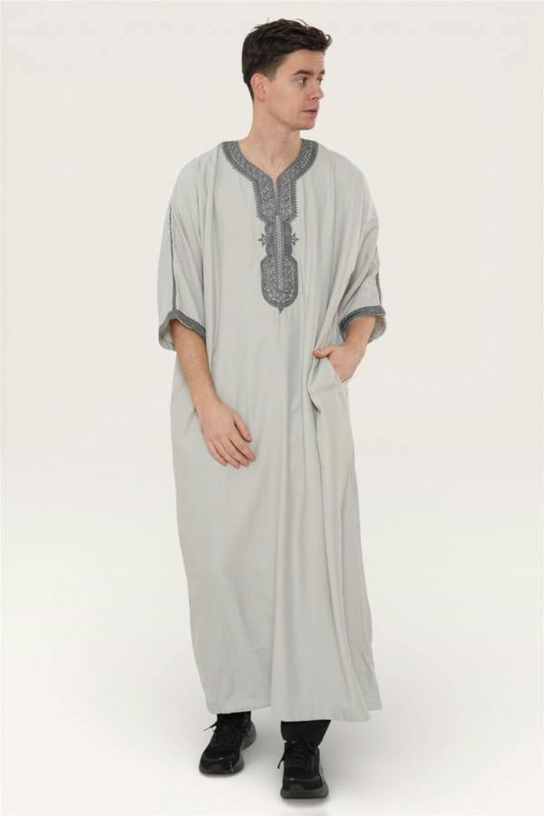 Infinity Leather Men's Moroccan Thobe Robe Djellaba Arab Short Sleeve Embroidery Gandoura Jubba