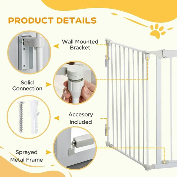 White metal pet safety gate hardware details with wall-mount bracket and connectors