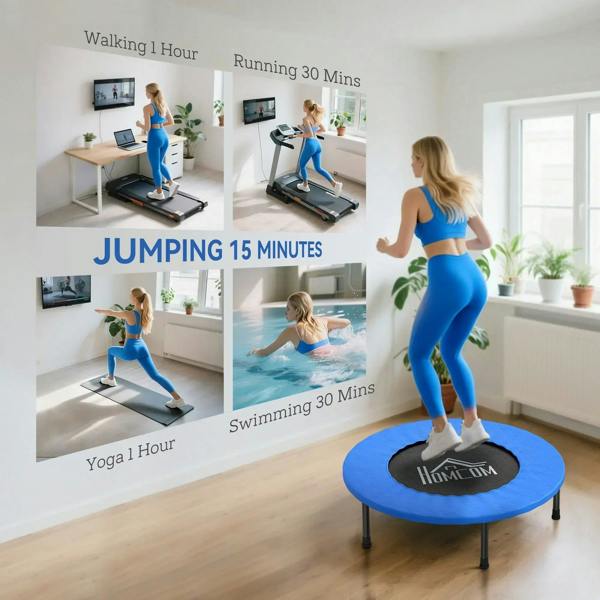 Blue round mini trampoline with black center jumping mat, shown in a home workout room