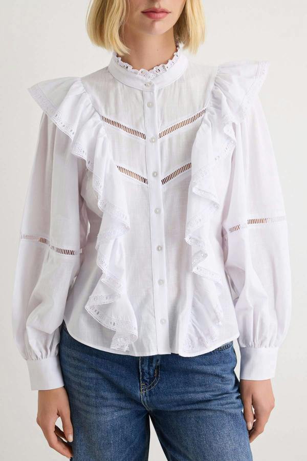WOVCOR Ruffle Detail Boho Long Sleeve Shirt
