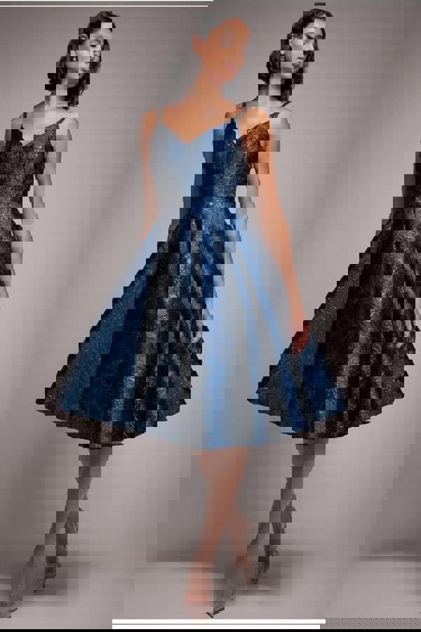 Jacquard Sleeveless A-line Midi Dress - Navy Blue DR4163