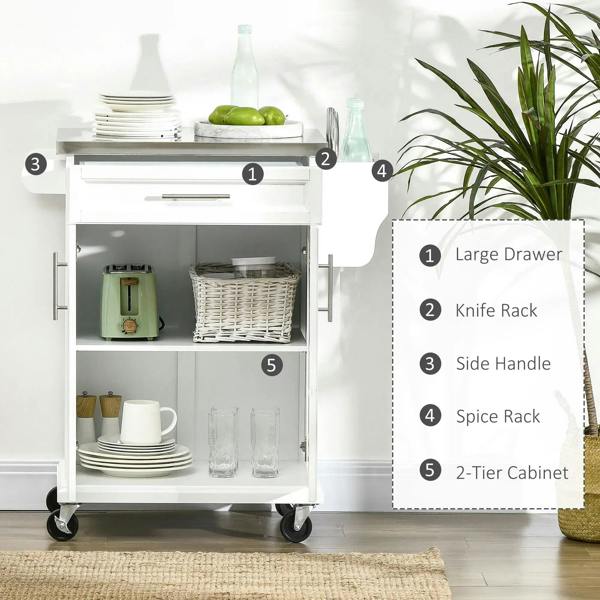 White storage cart with open cabinet: drawer, two-tier cabinet, knife and spice racks