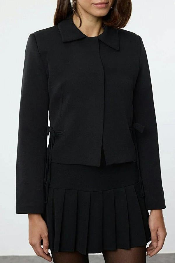 WOVCOR Ribbon Detail Shirt Collar Crop Woven  Blazer Jacket