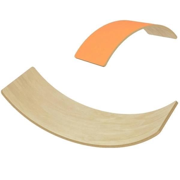Kids wooden balance board with orange curved top and smooth light-wood surface